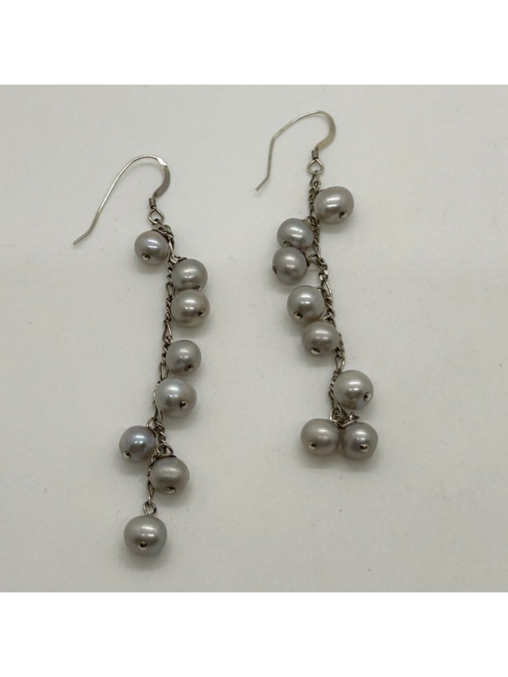 Silver Tone Faux Pearl Earrings Dangle Drop Gray Cluster Cascade Wedding Prom